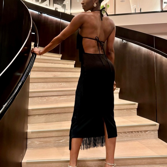 Black Fringe Backless Halter Dress - Picture 5 of 12